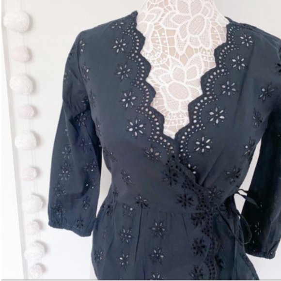 Madewell Scalloped Eyelet Wrap Top Belted / Tie Waist Black - Picture 4 of 5